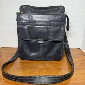 Vintage Fossil Black Pebble Leather Organizer Crossbody Bag Classic